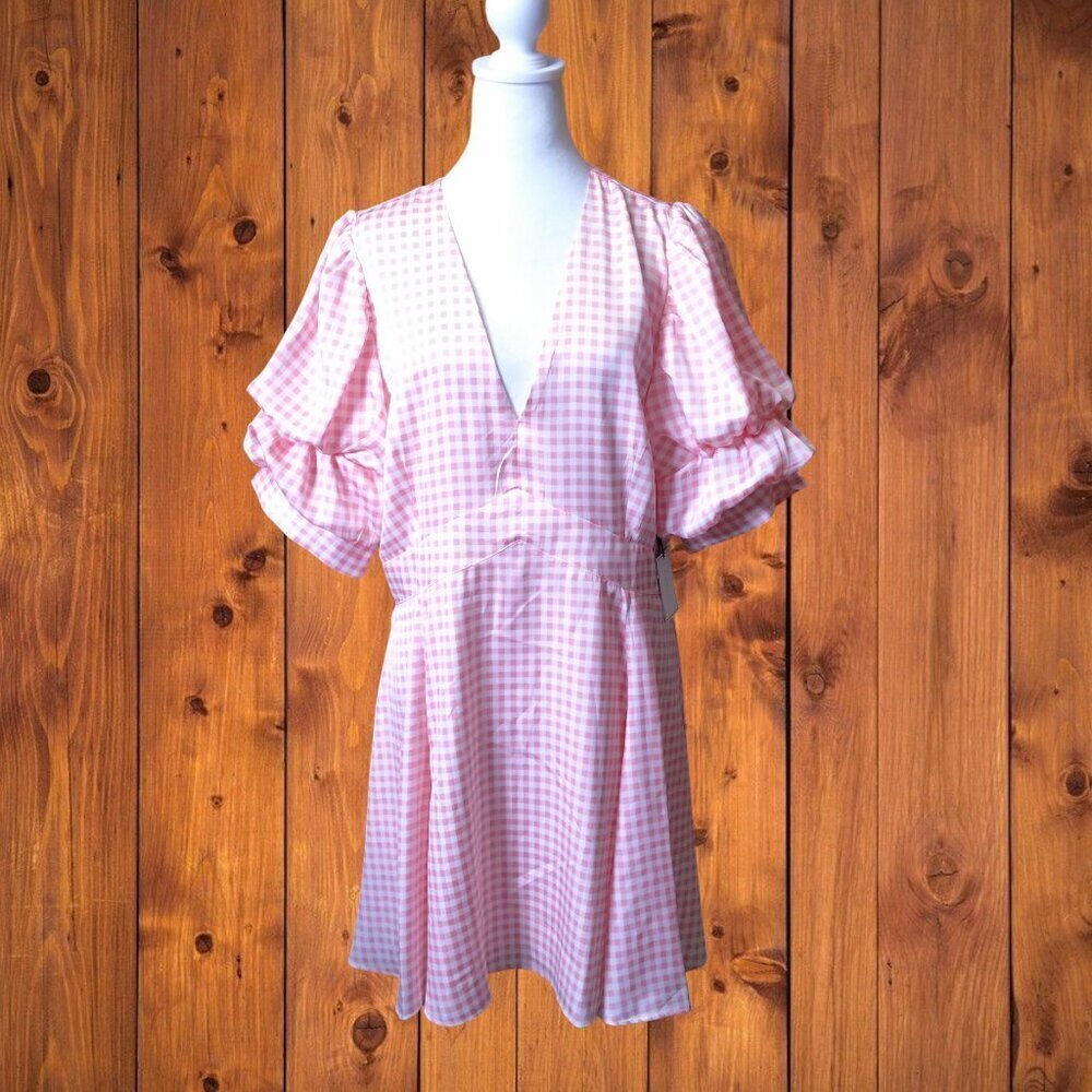 1. State XL Pink Gingham Puff Bubble Sleeve Dress V-Neck Pockets Girly Coquette